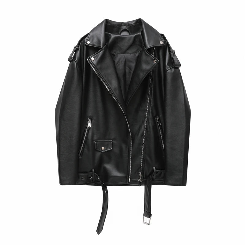 RARF  Women's new spring and autumn style black imitation leather locomotive style loose jacket coat handsome pu motorcycle top Aviola