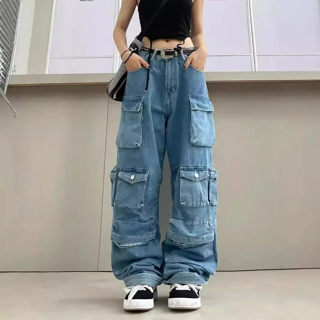 Women Jeans Denim Cargo Pants Long Pant Wide Leg High Waist Button Pockets Streetwear Y2k Mom Straight Trousers Casual Loose Aviola