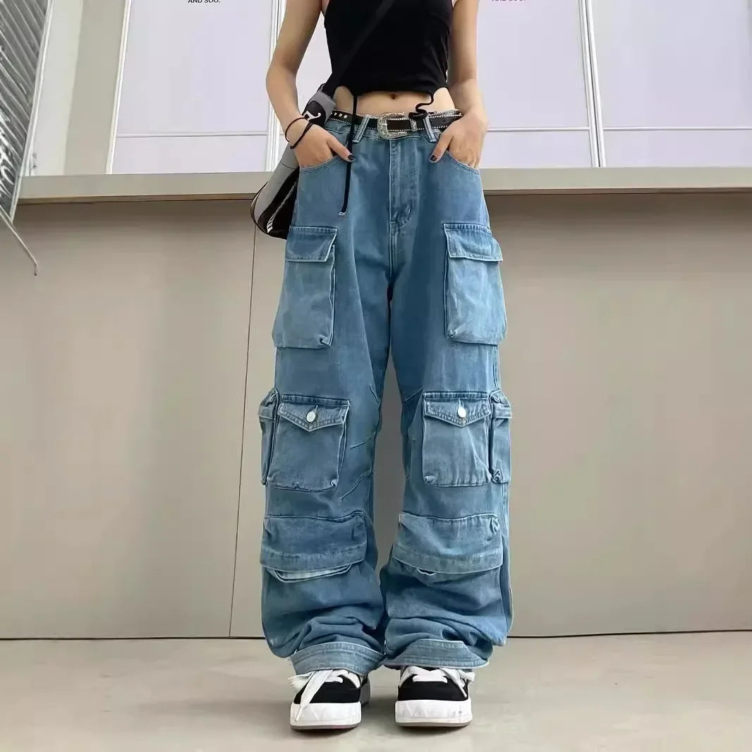 Women Jeans Denim Cargo Pants Long Pant Wide Leg High Waist Button Pockets Streetwear Y2k Mom Straight Trousers Casual Loose Aviola