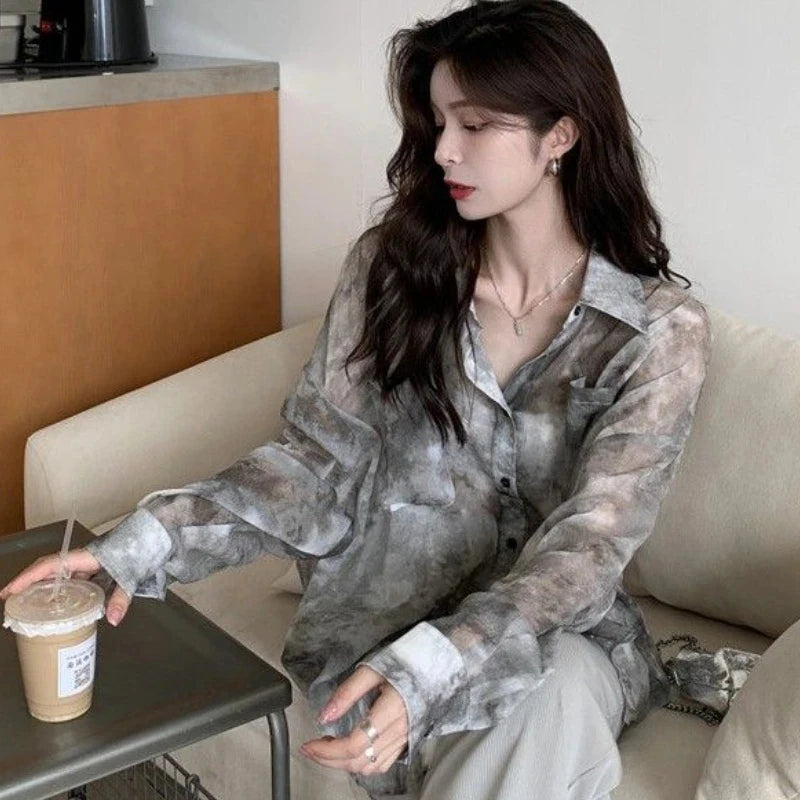 MEXZT Streetwear Tie Dye Shirts Women Harajuku Oversized Sun Proof Blouses Korean Vacation Beach Long Sleeve Sunscreen Tops New Aviola