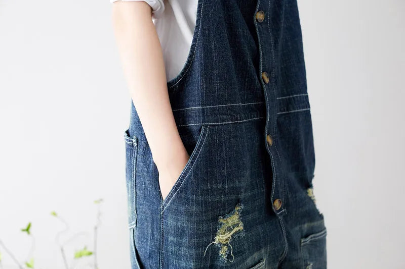 Women Jean Ripped Hole Overalls Ankle Length Denim Pants One Piece Distressed Jeans High Street Spliced Loose Washed Vintage Aviola