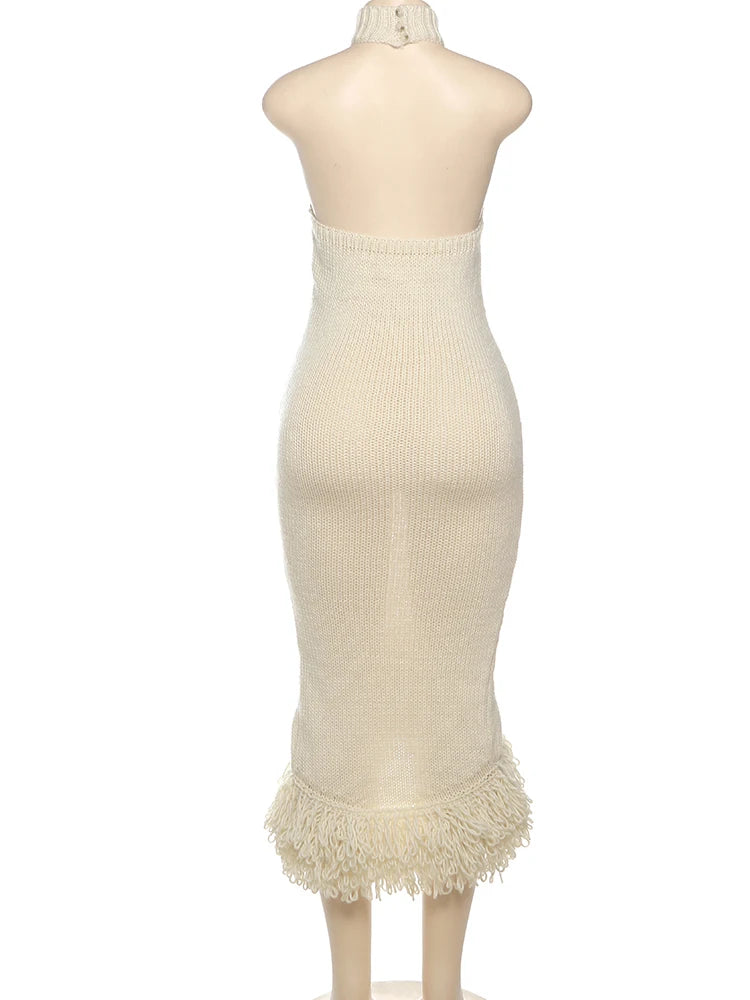 Nibber Knit See Through Women Dress Irregular Backless Sleeveless Halter Sexy Tassel Hem Clubwear Stretch Hipster Party Vestidos Aviola