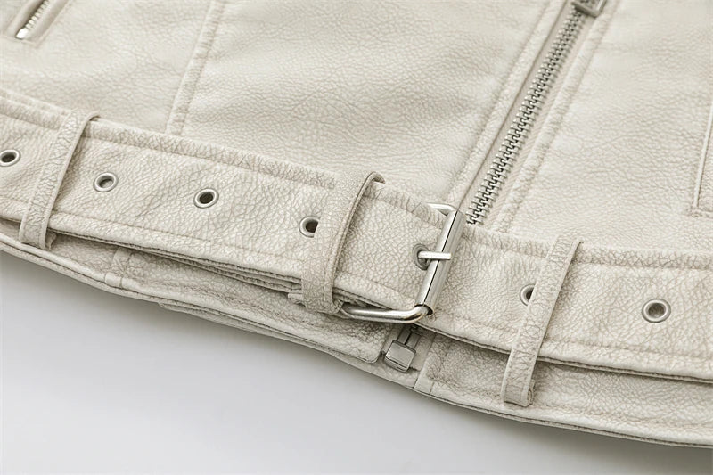 Chaqueta de cuero lavado con cinturón para mujer, abrigo corto con cremallera degradada y cuello vuelto Vintage, chaqueta elegan Aviola