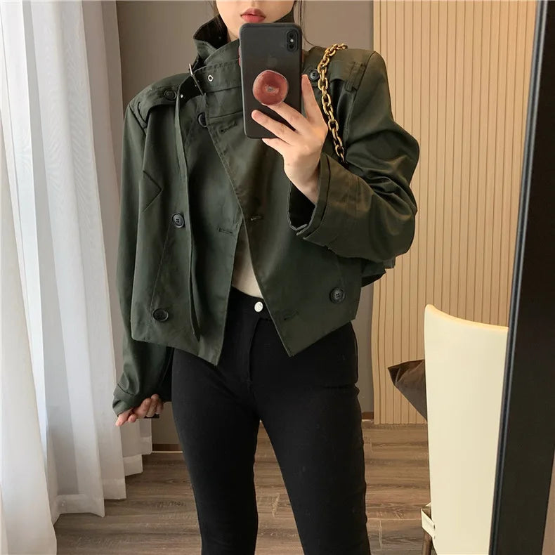 RARF 2024 autumn new women's fashion pocket double breasted waxed leather short trench coat women's top coat Aviola