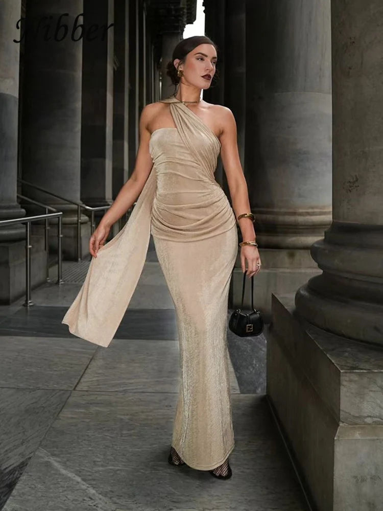 Nibber Ruched Backless Dress Women Diagonal Collar Single Shoulder Strap Tassel Elegant Temperament Stretch Trend Long Bodycon Aviola