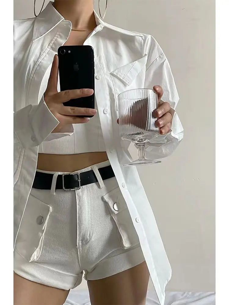 MEXZT Elegant White Shirts Women Fashion Streetwear Long Sleeve Blouses Korean Simple Pocket Button Up Ladies Design Tunic Tops Aviola