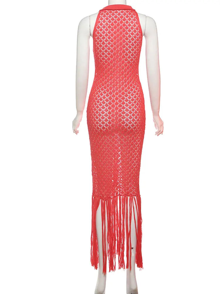 Nibber Tassel Mesh Patchwork Dress Women Solid See Through Sexy Sheath Y2K Casual Summer Trend Midnight Clubwear Party Vestidos Aviola