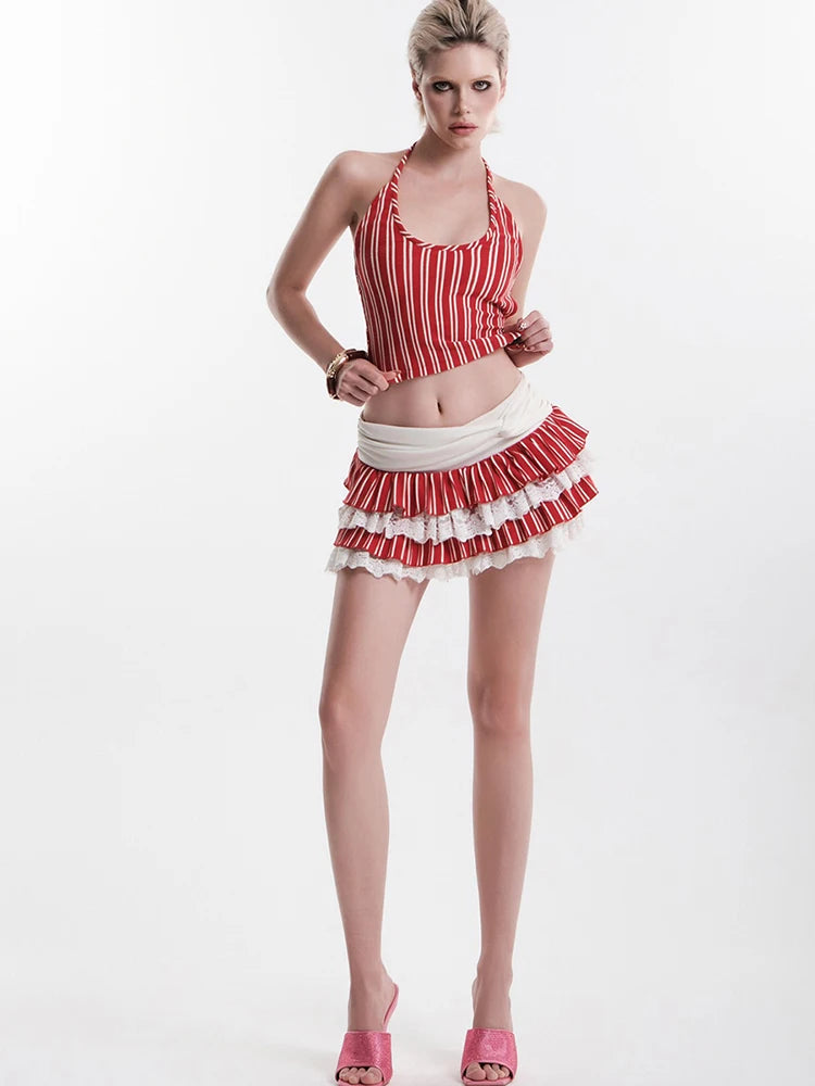Nibber Striped Print 2-Piece Set Women Halter Bandage Backless Crop Top+Patchwork Lace Tierred Kink Skirt Sweet Beach Party Suit Aviola