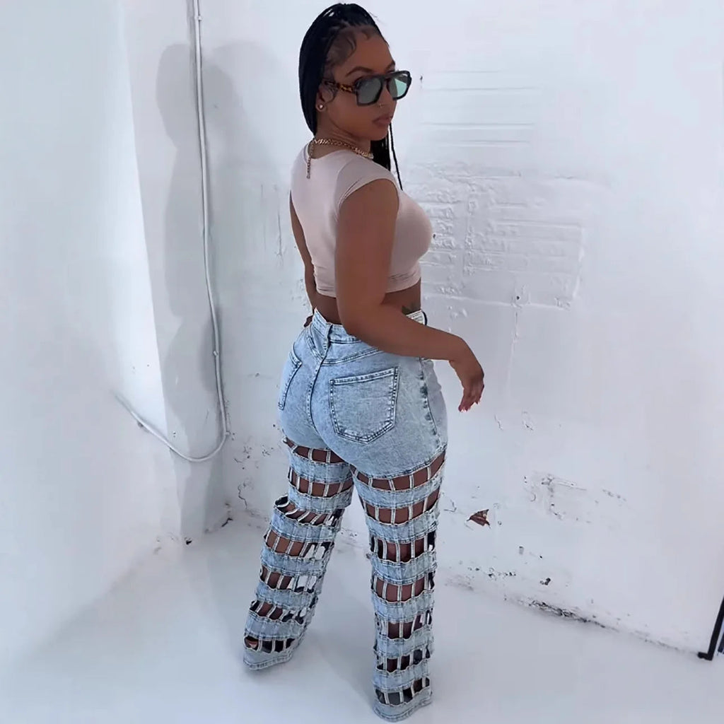 Denim Pant Women Jeans Long Pants Hollow Out High Waist Straight Mom Trousers Y2k Streetwear Elegant Splice Hole Casual Work Aviola