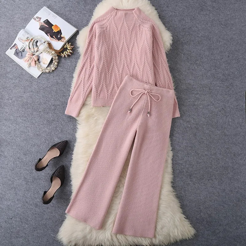 Women Tracksuit Thick Sweater Autumn Winter Knitted Two Piece Set Top+Knitted wide leg Pant Warm Sweater Elastic Trousers Suits Aviola