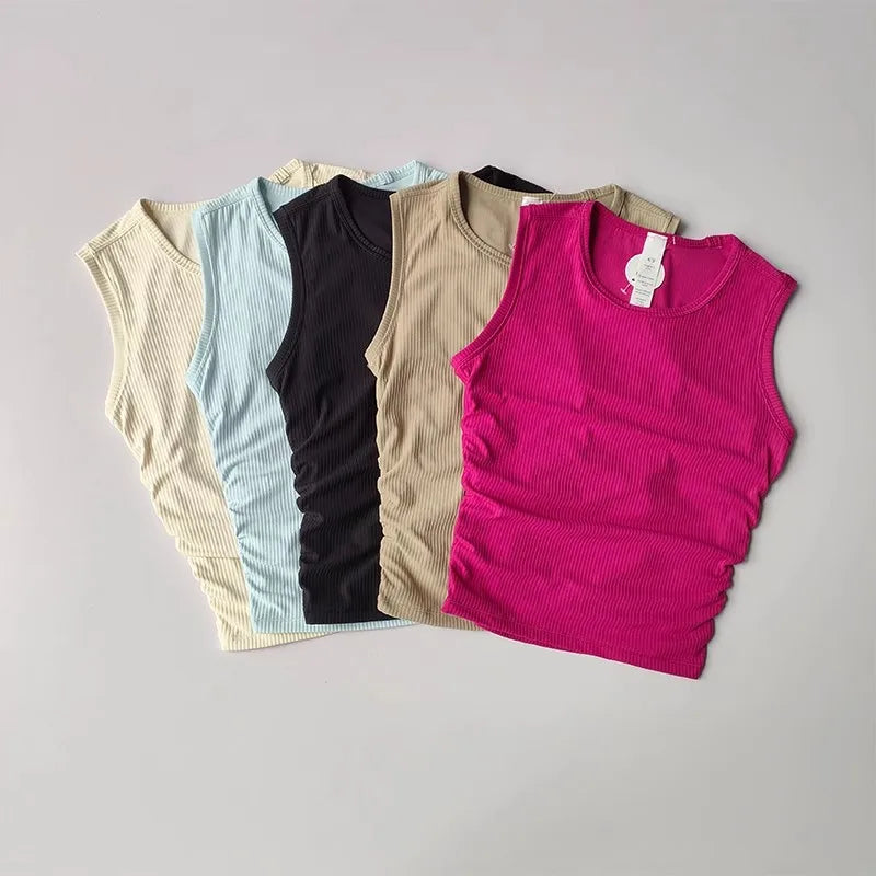 2024 Summer Women's Sports Vest Tank Vest Sleeveless Yoga Vest ruched Slim-fit Quick-dry Sports Tops Running Shirt Fitness Top Aviola