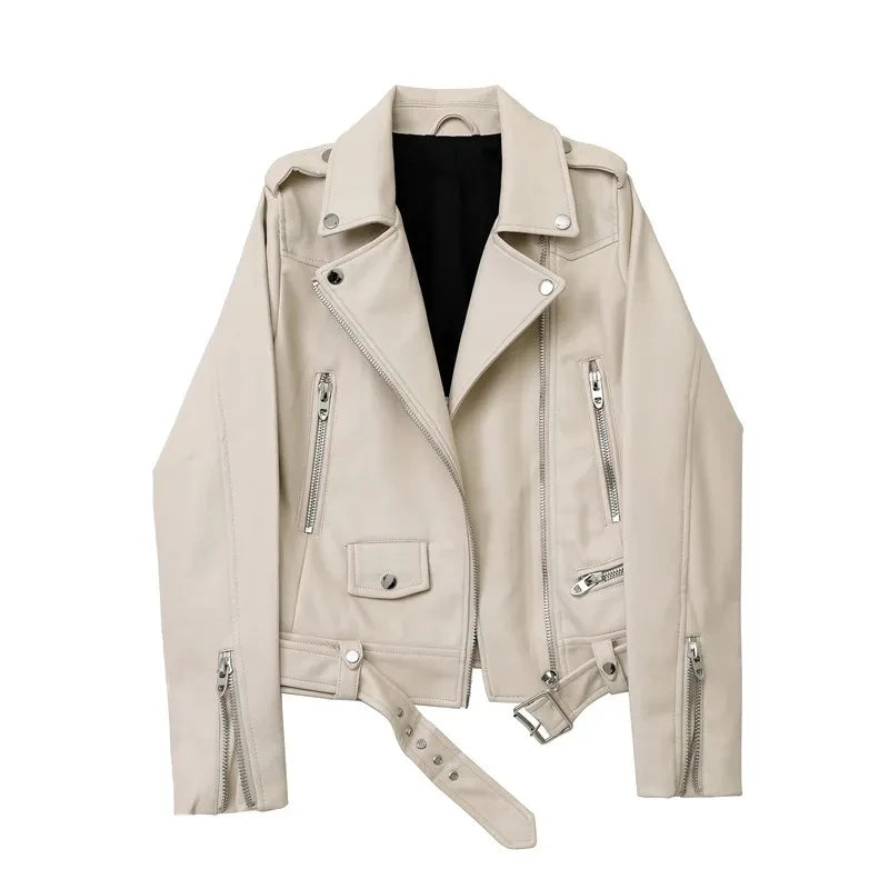 RARF Spring and Autumn 2025 New faux leather PU jacket with belt women's lapel motorcycle jacket black zip biker jacket Aviola