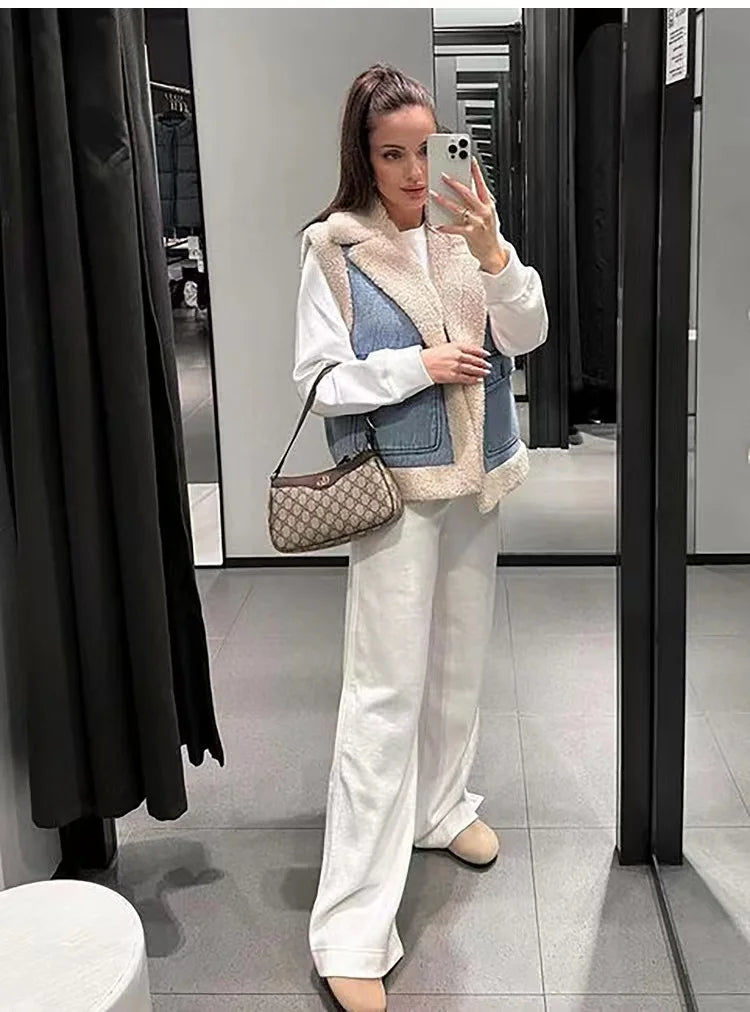 RARF 2024 women's new autumn and winter jeans do old wash and cashmere lamb vest women's top clip coat Aviola