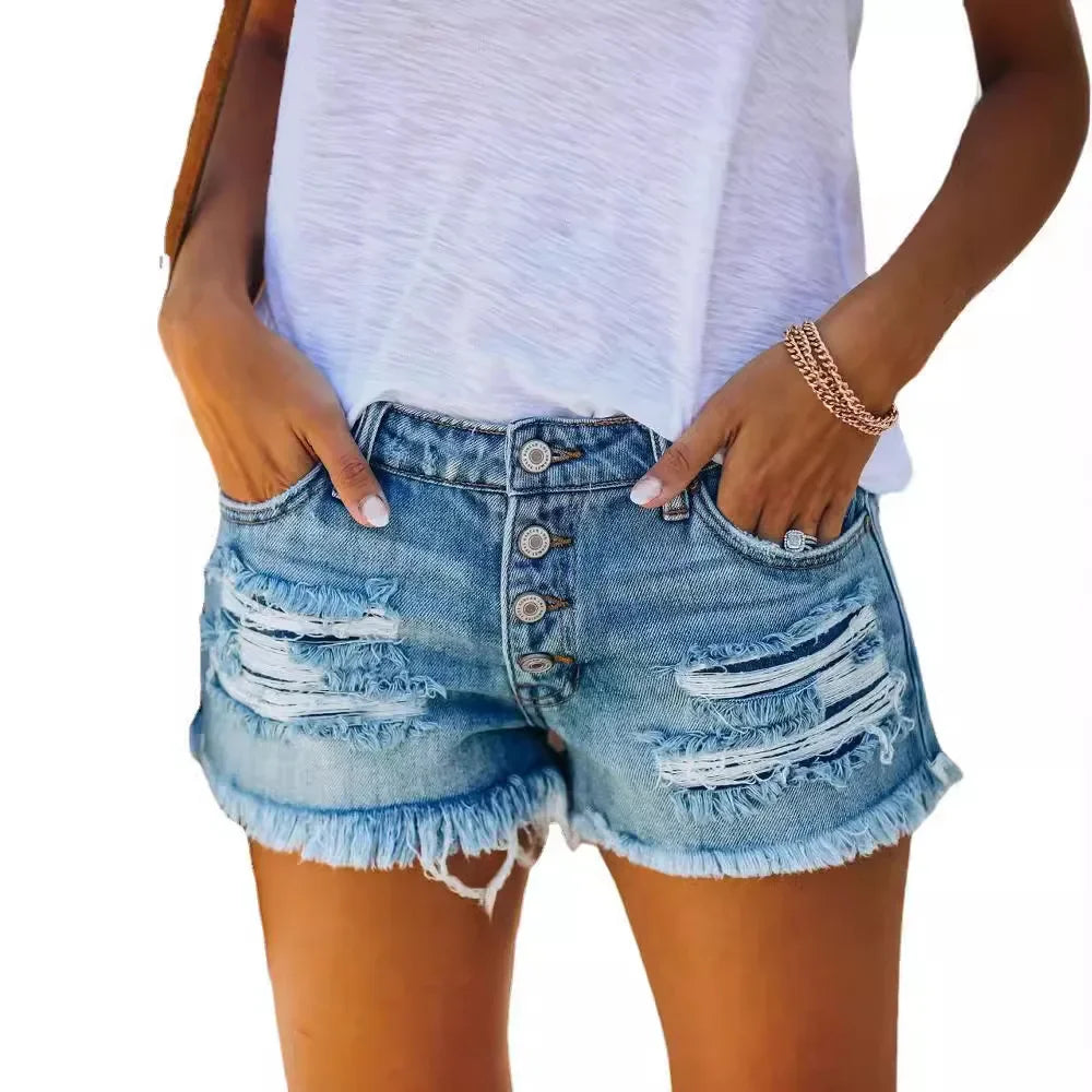 Ripped Vintage Denim Women Jeans Shorts Washed Tassel Button High Waist Holes Spliced Summer Pockets Distressed 2025 Basics Aviola