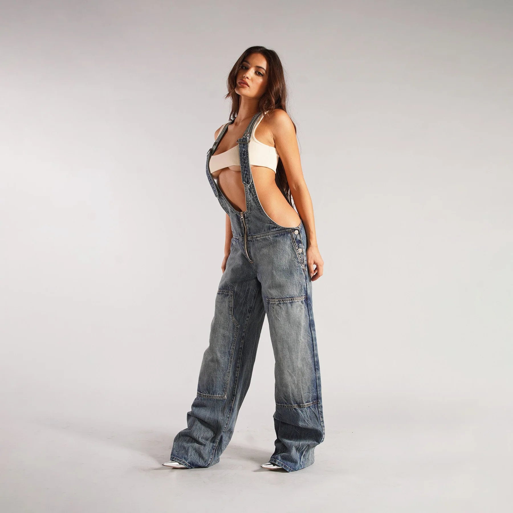 Jumpsuits Women Jeans Overalls Sexy Backless Vintage Full Length Denim Straight Pants Loose Pockets Distressed Washed Casual Aviola