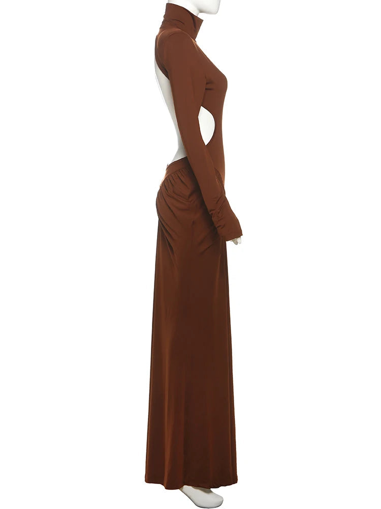 Nibber Backless Maxi Dress Women High Neck Long Sleeves Waistless Peach Buttocks Folds Shoulder Pads Elegant Banquet Vestidos Aviola
