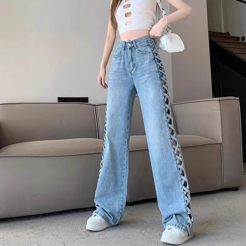 Women Casual Mom Jeans Hollow Out High Waist Trousers Button Zipper Wide Leg Pant Office Lady Loose Spring Club Y2k Streetwear Aviola