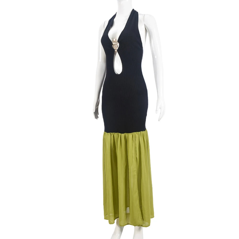 Nibber Patchwork Color-Blocking Women Dress Temperament Metal Trim Sleeveless Hollow Skinny Backless Splits Holiday Vestidos Aviola