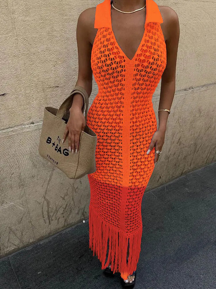 Nibber Tassel Mesh Patchwork Dress Women Solid See Through Sexy Sheath Y2K Casual Summer Trend Midnight Clubwear Party Vestidos Aviola