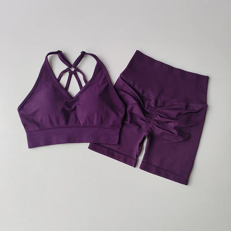 2 Pcs Yoga Sets Women High Waist Workout Outfits Gym Wear Gym Clothing Sports Suits Fitness Tracksuit Sportswear Shorts Suit Aviola