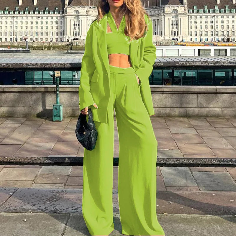 Women Tracksuit Three Pieces Set Turn Down Collar Cardigan Single Button Solid Outerwear Pockets Wide Leg Pants Office Lady Aviola