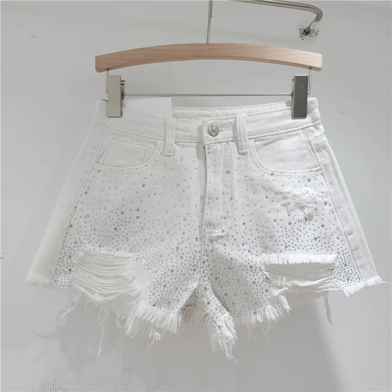 Shorts Denim Pant Women Jeans Short Pants Hot Drilling High Waist Straight Trousers Y2k Streetwear Splice Slim Fit Summer Party Aviola