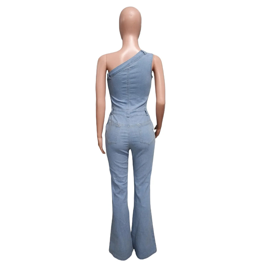 Flare Denim Pants Full Length Women Jeans One Piece Overalls Spliced Solid Jumpsuits Loose Pockets High Waist Basics Washed Aviola