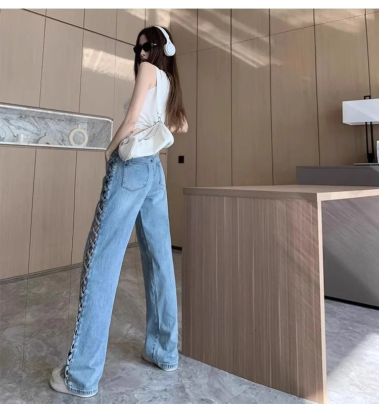 Women Casual Mom Jeans Hollow Out High Waist Trousers Button Zipper Wide Leg Pant Office Lady Loose Spring Club Y2k Streetwear Aviola