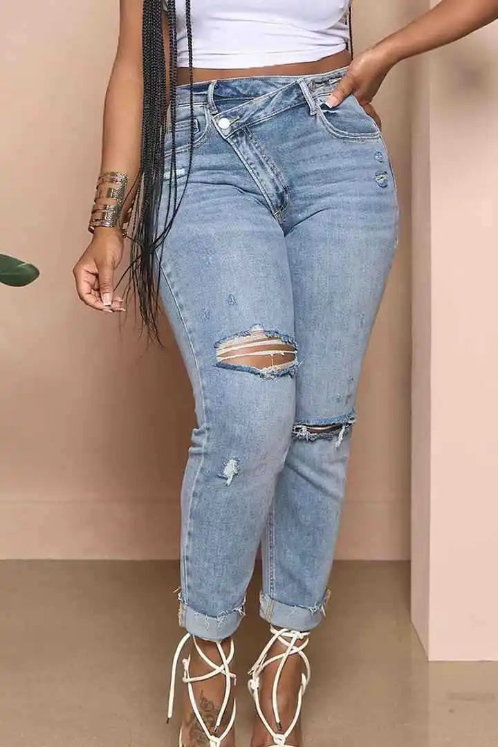 Women Jeans Washing Pencil Pants Holes Denim Full Length Slim Fit Pockets Zipper Fly High Street Spring Solid Slight Strech Aviola