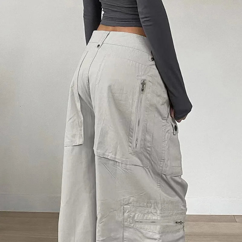Cargo Pants Women Casual Jeans Utility Low Waist Trousers Pockets Zipper Straight Y2k Streetwear Loose 2025 Summer Party Club Aviola