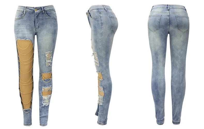 Women Jeans Pencil Pants Denim Sexy Big Holes Chain Washing Slim Pockets Streetwear Spring 2024 Slight Strech Solid Color Aviola