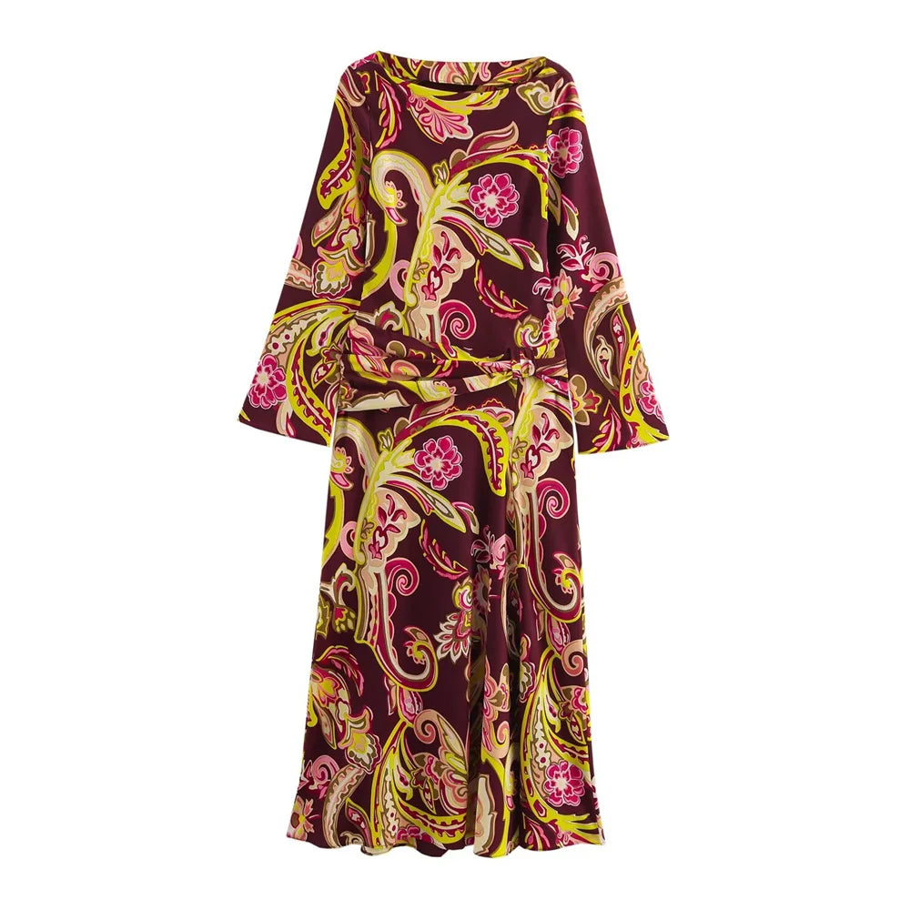 Gorgeous Burgundy Paisley Print Women Dress with Long Bell Sleeves and Belted Waist from BM&MD&ZA 2025 Collection Aviola