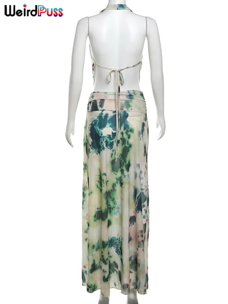 nibber Backless Halter 2Peice Set Woman Print Summer Swinging-Collar Bandage Tank Tops+Mesh Ruffles Tie-Dye Skirt Matching Suit Aviola