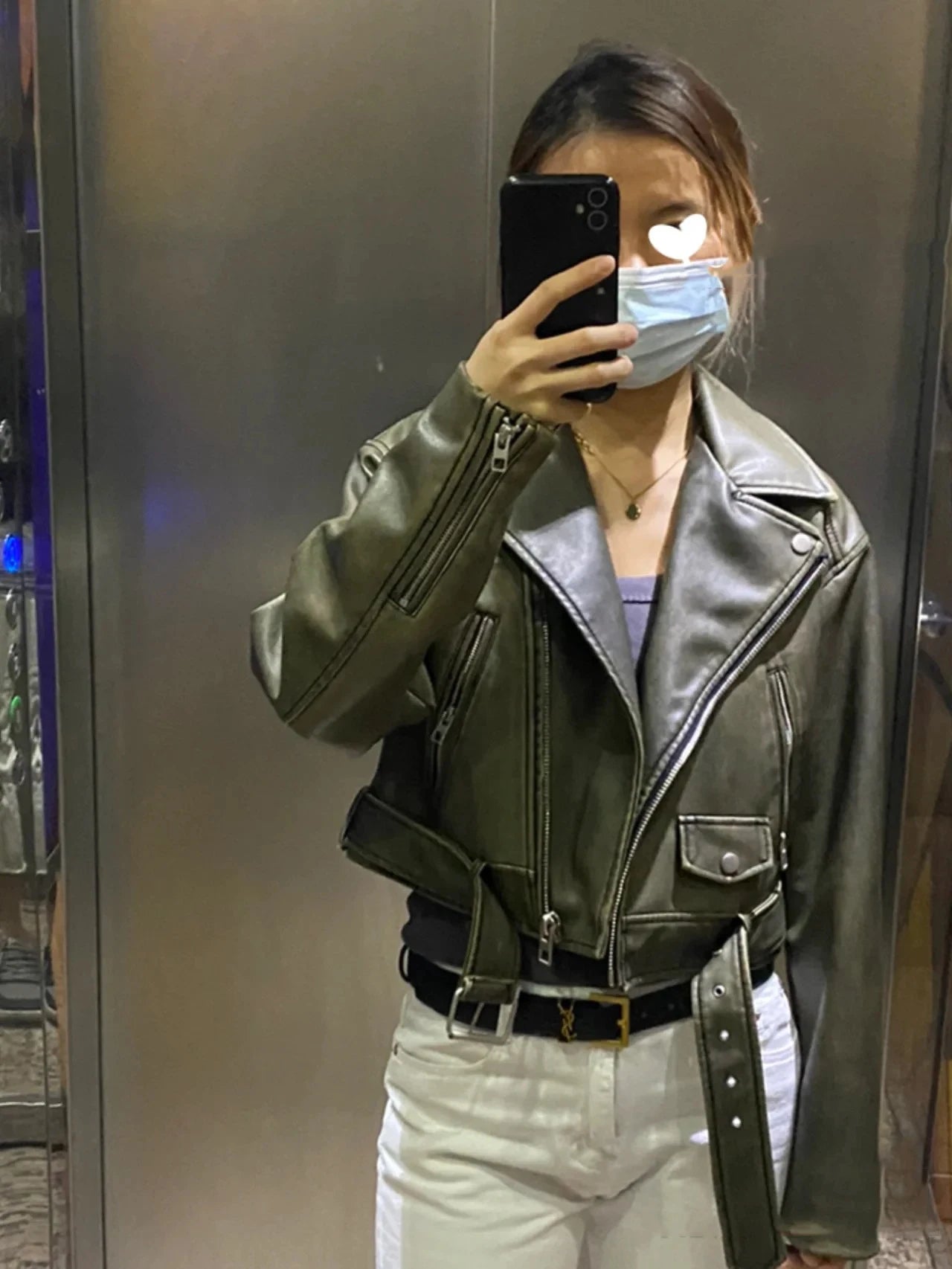 Chaqueta de cuero lavado con cinturón para mujer, abrigo corto con cremallera degradada y cuello vuelto Vintage, chaqueta elegan Aviola