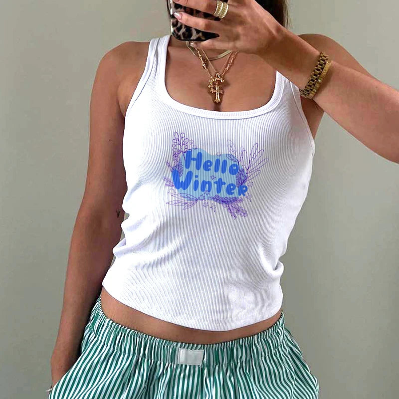 2024 Europe and the United States street new print season art text short sleeve women Y2K women's T-shirt vest halter Aviola