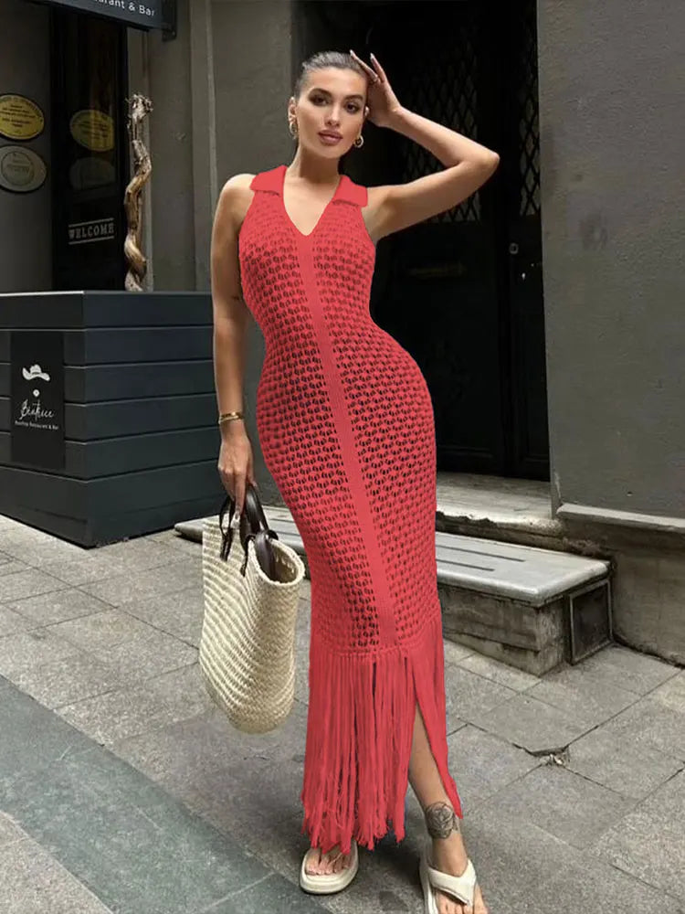 Nibber Tassel Mesh Patchwork Dress Women Solid See Through Sexy Sheath Y2K Casual Summer Trend Midnight Clubwear Party Vestidos Aviola