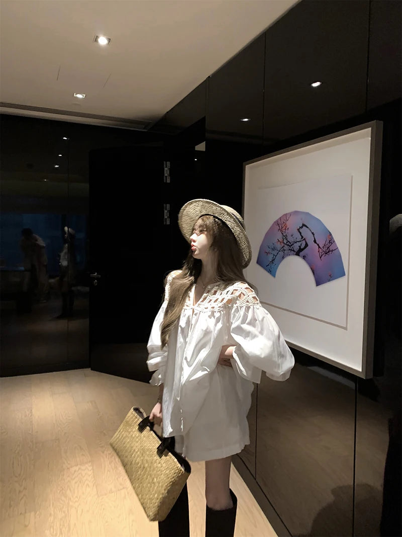 MEXZT Vintage White Shirts Women Streetwear Hollow Out Oversized Blouses Summer Ladies Korean Lantern Long Sleeve Casual Tops Aviola
