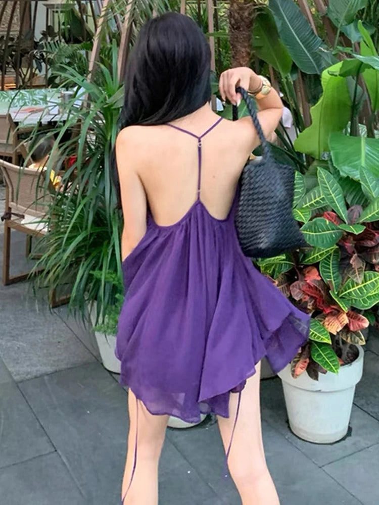 Nibber Backless Dress Women Low-Neck Folds Sleeveless Mesh Solid Summer Fashion Beach Party Vacation Simple Sexy Mini Bodycon Aviola