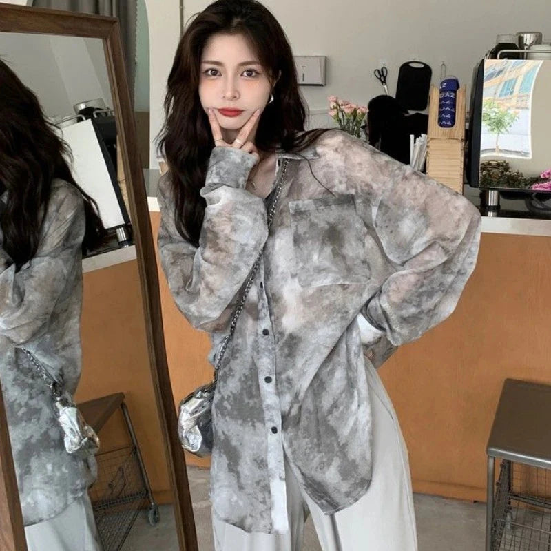 MEXZT Streetwear Tie Dye Shirts Women Harajuku Oversized Sun Proof Blouses Korean Vacation Beach Long Sleeve Sunscreen Tops New Aviola