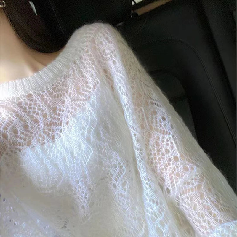 MEXZT Y2K Hollow Out Pullover Sweater Women Sweet Sexy See Through Thin Loose Jumper Korean Oversized Sun Protection Shirt Tops Aviola