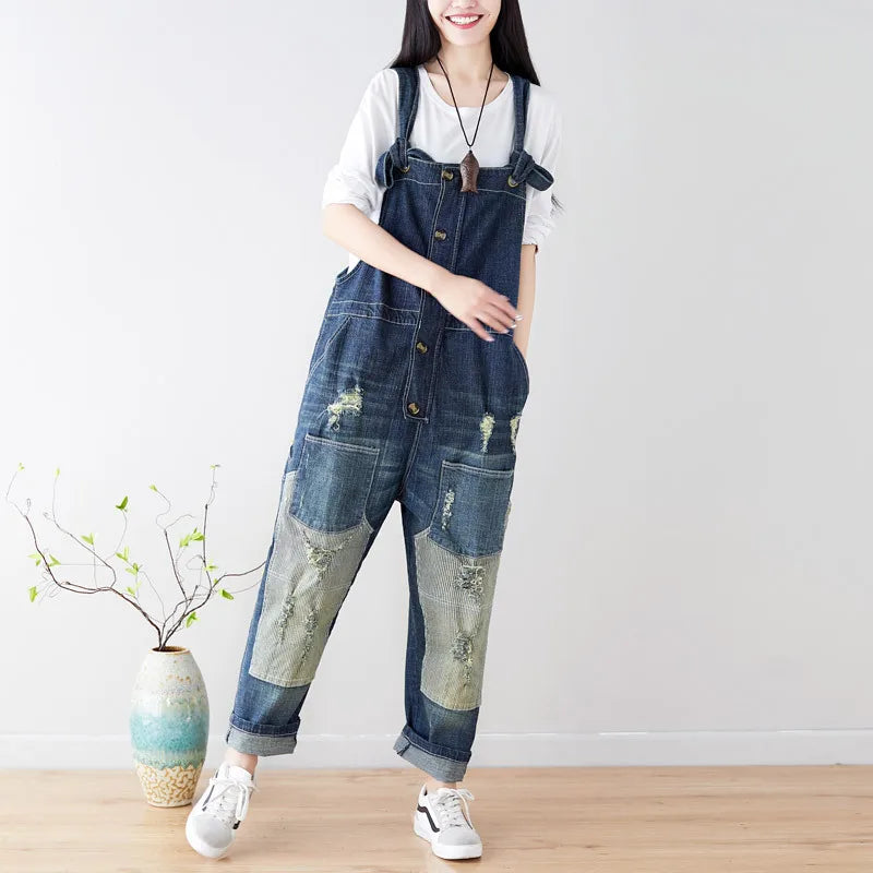 Women Jean Ripped Hole Overalls Ankle Length Denim Pants One Piece Distressed Jeans High Street Spliced Loose Washed Vintage Aviola