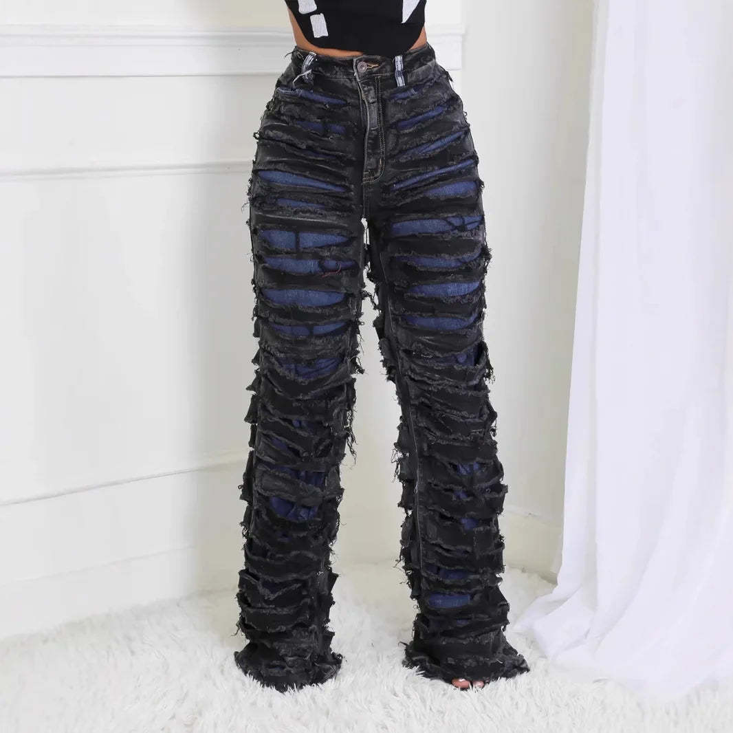 Vintage Jeans Straight Pants Women Double Hole Denim Trousers Streetwear High Waist Stretch Punk Gothic Y2k 2025 Floor Length Aviola