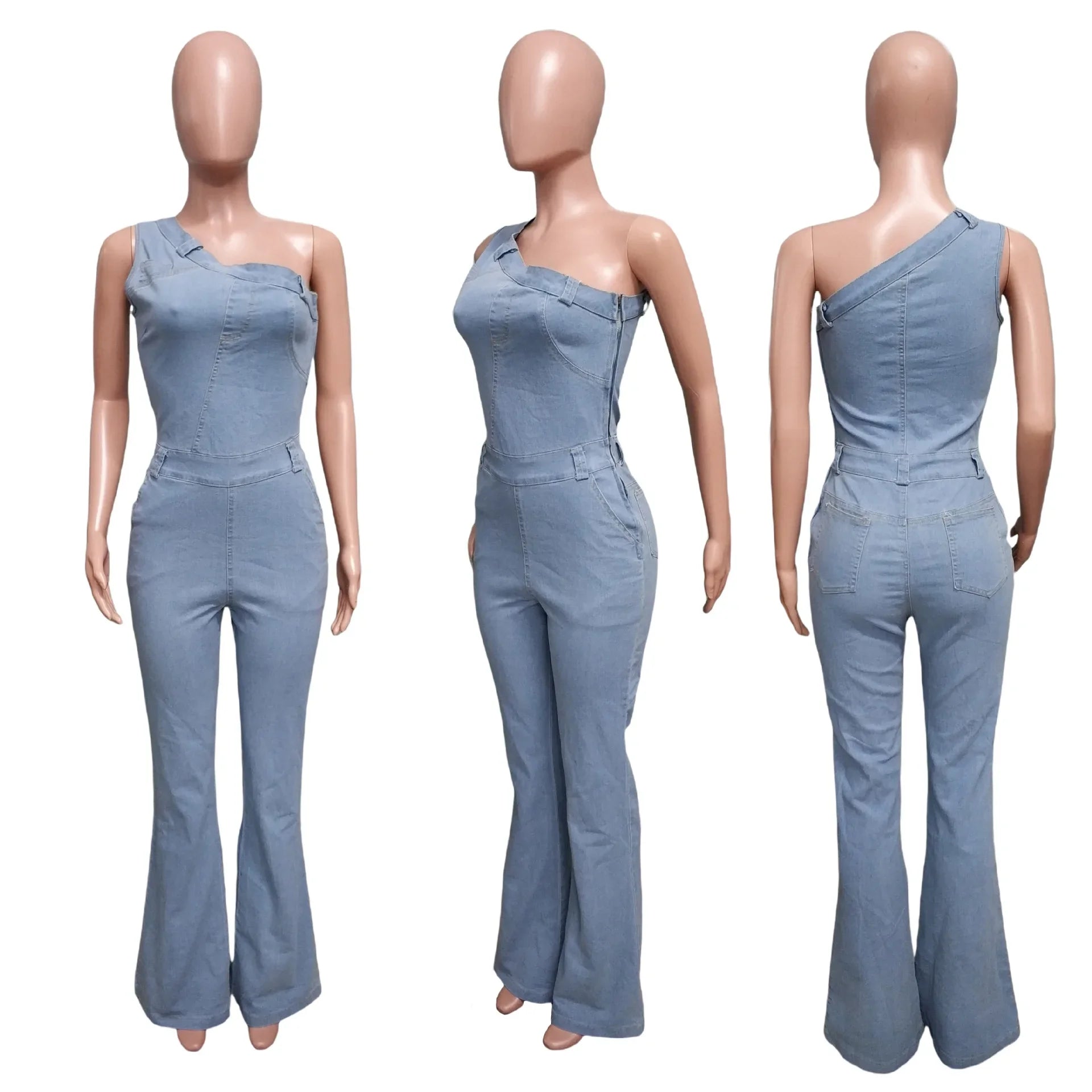 Flare Denim Pants Full Length Women Jeans One Piece Overalls Spliced Solid Jumpsuits Loose Pockets High Waist Basics Washed Aviola