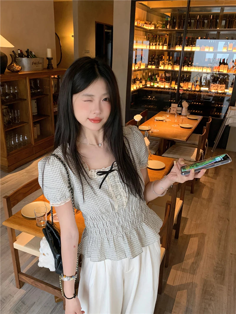 MEXZT Vintage Plaid Shirts Women Japanese Harajuku Bow Lace Patchwork Blouses Summer Kawaii Cute Puff Short Sleeve Casual Tops Aviola