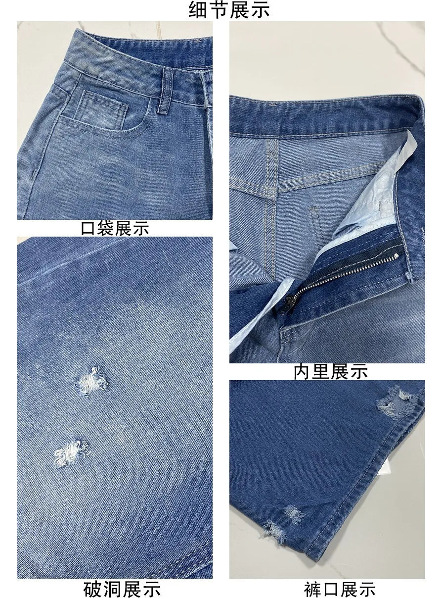 Women Denim Holes Jeans Washing Pencil Pants High Waist Zipper Mom Fly Slim Wide Leg Pockets Full Length Spring 2025 Streetwear Aviola
