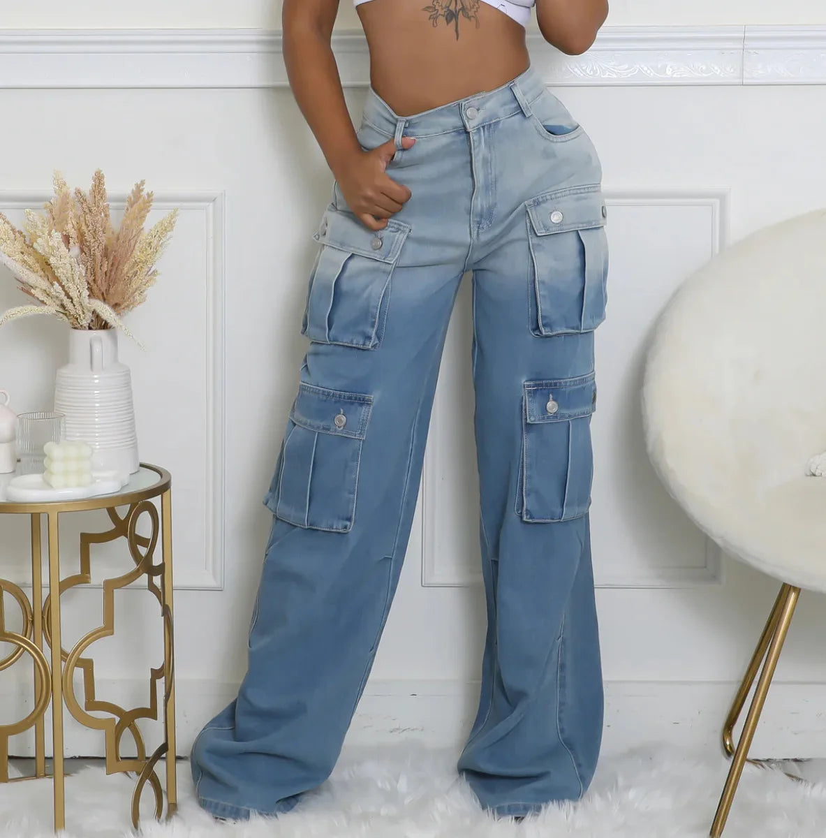 Jeans Women Denim Long Pant Cargo Pants Gradation Pockets High Waist Straight Trousers Y2k Streetwear Party Club Casual Loose Aviola