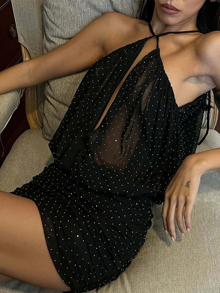 Nibber Summer Speckled Sequins Dress Women See Through Backless Sleeveless Pleated Patchwork Midnight Clubwear Party Bodycon Aviola