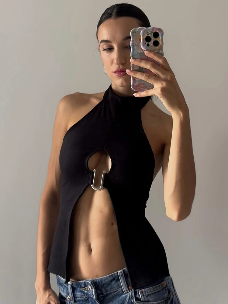Nibber u-Shaped Metal Ring Tops Women Splits o-Neck Backless Sleeveless Coquette Buttons Halter Sexy Hottie Midnight Clothes Aviola