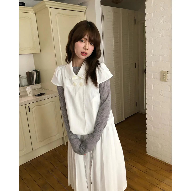 MEXZT Vintage Black Shirts Women Japanese Harajuku White Cropped Puff Short Sleeve Blouses Summer Korean Casual Design Tops New Aviola