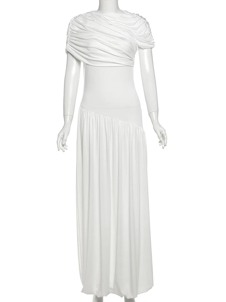 Nibber Solid Ruched Elegant Dress Women Summer Trend o-Neck Short Sleeve Ruffles Hem Vacation Beach Party Style Long Bodycon Aviola